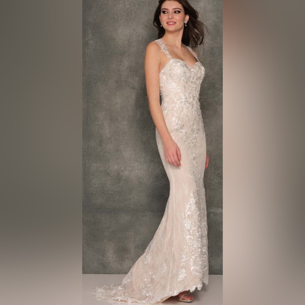 Elegant Ivory/Nude Lace sheath wedding dress . Size 8. P924